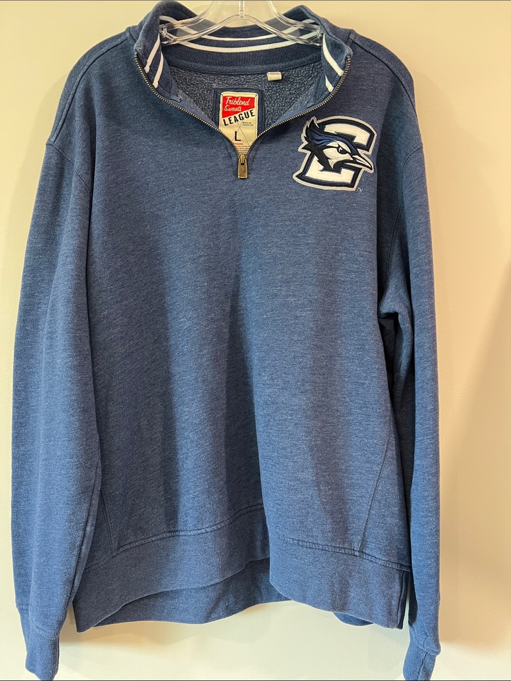 League - L, Zip-Up Pullover, Heather Navy Creighton Crest Patch